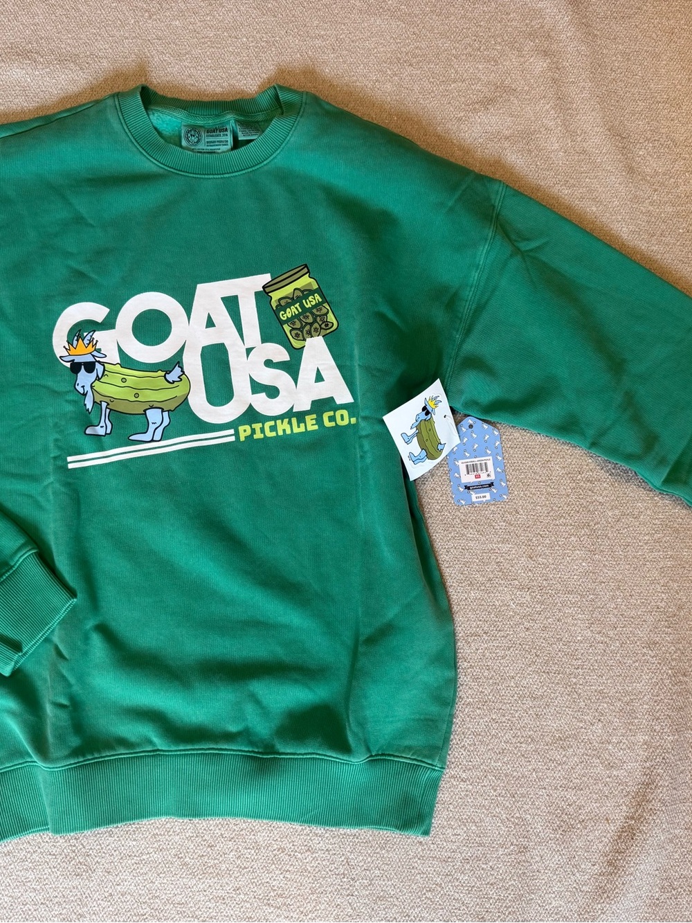 GOAT USA Pickle Co. Green Graphic Crewneck Sweater Mens XS **NOTE in photo NWT